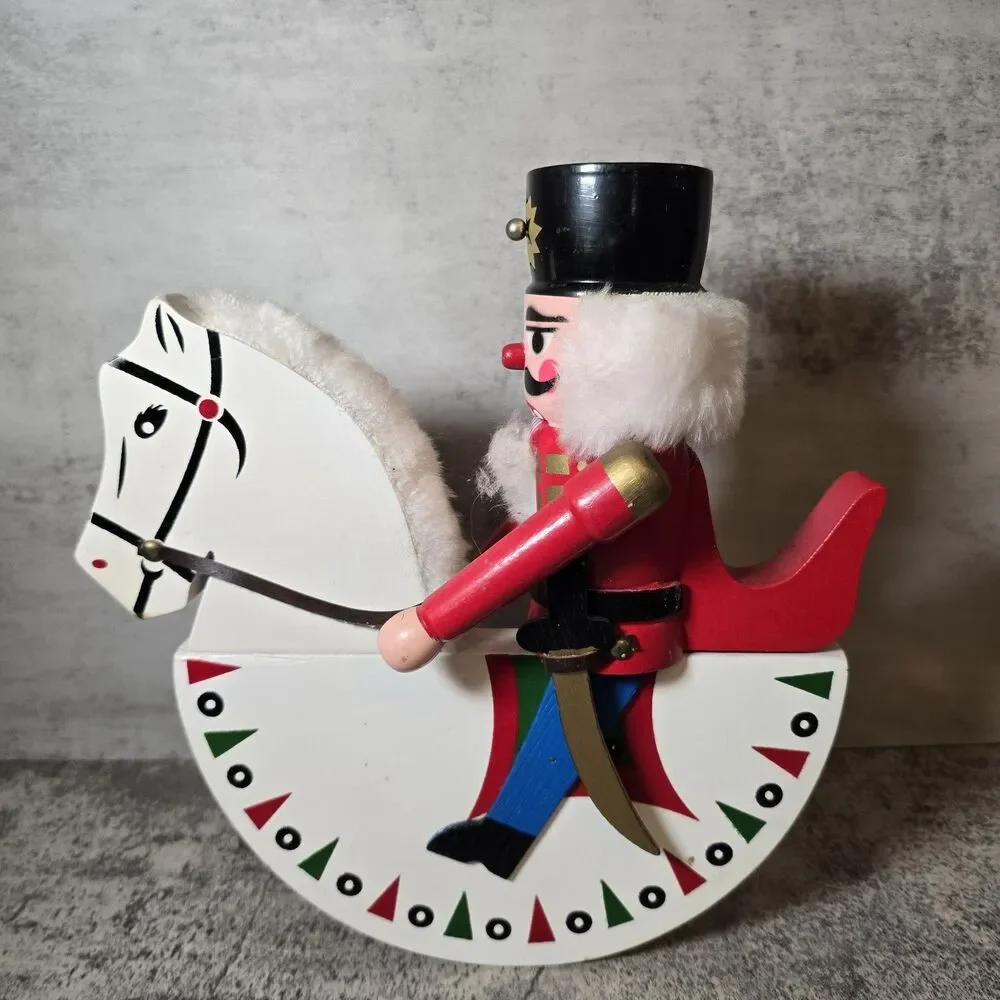 Vintage Erzgebirge Wooden Soldier Nutcracker White Rocking Horse East Germany